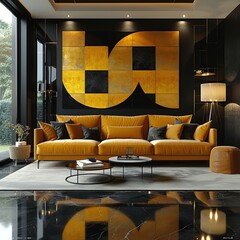 Sticker - Modern Living Room with Yellow Sofa and Abstract Wall Art