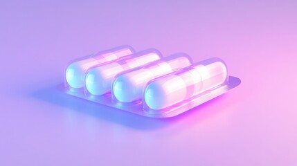 Poster - A set of four translucent capsules are neatly arranged in a blister pack, set against a vibrant pastel background that enhances their luminous appearance, creating a visually appealing composition.