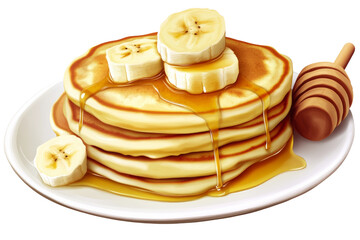 Poster - Fluffy banana pancakes with butter and honey drizzle ,Isolated on transparent background