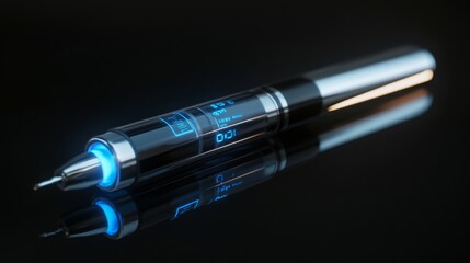 Leinwandbilder - A futuristic, silver pen with a blue light and digital display lies on a black surface. The pen is reflecting light, making the surface appear shiny.