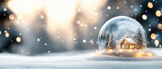 Wall Mural - a snow globe encapsulating a house within, surrounded by a snow-laden field trees and twinkling ligh