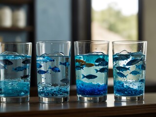 Collection of glasses filled with water showcasing blue fish.