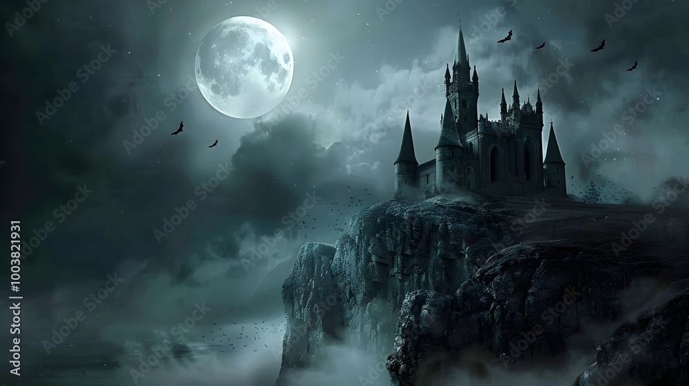 Dark and Spooky Gothic Castle with Barren Landscape and Bats in a ...