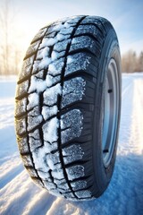 Wall Mural - Close-up View of Winter Tire, Deep Tread Pattern on Snowy Surface, Winter Driving Safety Concept