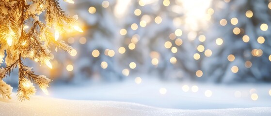   a snowy scene featuring a sharp pine tree in the foreground and glowing lights in the background