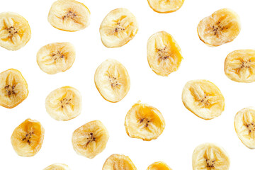 Crispy dried banana chips scattered ,Isolated on transparent background