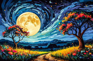 Wall Mural - savannah night with blooming wildflowers an oil painting of a vast, colorful savannah under a deep b