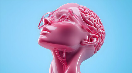 Canvas Print - Pink Brain with Glasses,  Surreal 3D Rendered Illustration