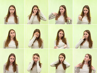 Different expressions portraits of teen girl 12 year old with long hair in white attire, cover photoset. Actress set facial emotions, emotional face teenage model. Emotion concept. Copy ad text space