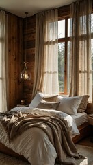 Poster - Cozy bedroom interior with wooden walls and natural light filtering through sheer curtains.