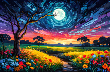 Wall Mural - savannah night with blooming wildflowers an oil painting of a vast, colorful savannah under a deep b