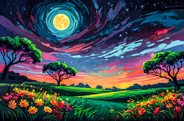 Wall Mural - savannah night with blooming wildflowers an oil painting of a vast, colorful savannah under a deep b