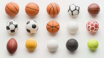 Various sports balls, such as basketball, football, soccer ball, and tennis ball, isolated on a white background. This set of sports equipment showcases balls used in popular games and activities. 