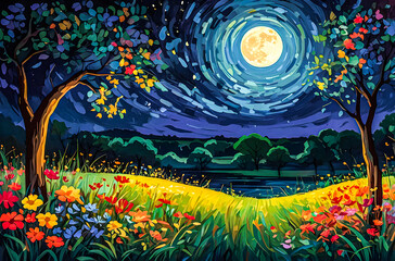 Wall Mural - savannah night with blooming wildflowers an oil painting of a vast, colorful savannah under a deep b