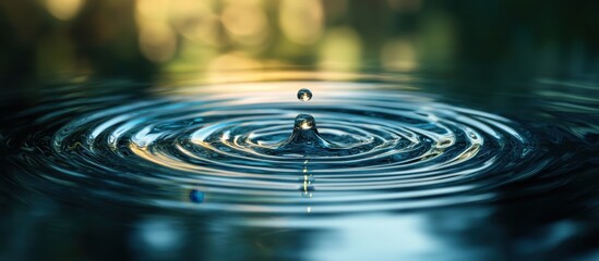 Close-up of a Water Droplet Creating Ripples on a Calm Surface with a Blurred Natural Background