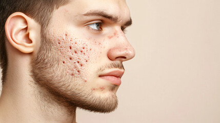 Closeup man face with red pimples, inflammation on face and problem skin. Acne, rosacea and couperose therapy. Facial treatment skincare routine and hygiene Cosmetic and beauty banner with copy space