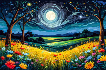 Wall Mural - savannah night with blooming wildflowers an oil painting of a vast, colorful savannah under a deep b