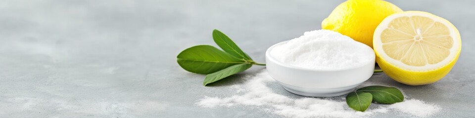 Pile of baking soda near by lemons, non toxic bio cleaner, wide panoramic banner with copy space.