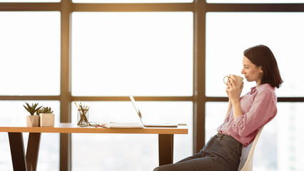 Poster - Watching Tutorial. Side view portrait of happy casual girl sitting at table, drinking hot coffee and using laptop