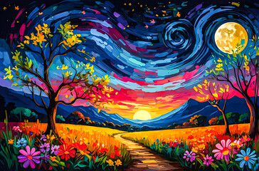Wall Mural - savannah night with blooming wildflowers an oil painting of a vast, colorful savannah under a deep b