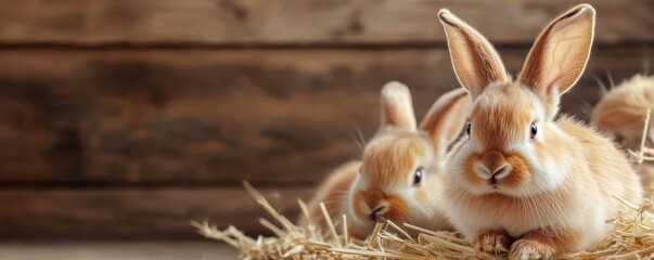 Two cute rabbits sitting on hay, showcasing their soft fur and playful nature.