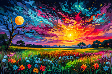 Wall Mural - savannah night with blooming wildflowers an oil painting of a vast, colorful savannah under a deep b