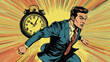 © Cavad - A busy businessman is rushing, holding a stopwatch and a speedometer. The clock's hands are spinning, showing how important time is. It's a retro, comic-style illustration with a vintage feel.pop art.