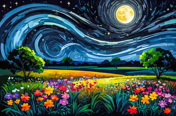 Wall Mural - savannah night with blooming wildflowers an oil painting of a vast, colorful savannah under a deep b