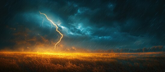 Wall Mural - Dramatic Lightning Strike Over Golden Field During Stormy Weather with Dark Clouds and Rain