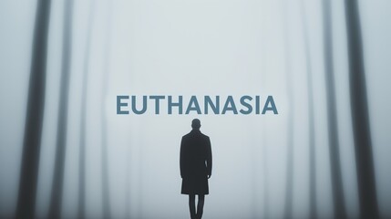 Leinwandbilder - Poster with silhouette of person walking into the foggy forest with text: 