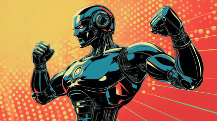Wall Mural - a strong robot flexes its powerful arms, symbolizing the rise of artificial intelligence and its imp