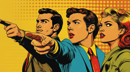 Wall Mural - this illustration is in a retro style, with a pop art feel. it features people pointing, and it migh