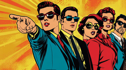 Wall Mural - this illustration is in a retro style, with a pop art feel. it features people pointing, and it migh