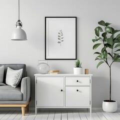 Wall Mural - Interior of modern living room with white walls, wooden floor, comfortable gray sofa.