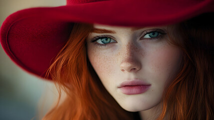 Pale redhead woman in red hat with intense gaze and striking features