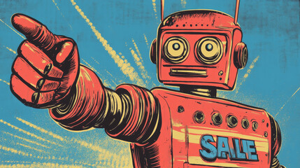 Wall Mural - a retro-style illustration shows a robot pointing with its hand, promoting a sale. it's drawn in a c