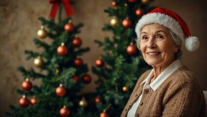 Elderly woman in a Christmas hat smiling by the tree, space for text.