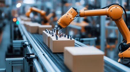 Poster - robotic arm assembling packages on a conveyor belt in a modern warehouse during daytime operations