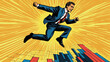 © Hikmet - A businessman leaps over a sales chart, showing that business is like a competition.  It's a playful way to imagine business as a sport, with the businessman as an athlete.pop art.