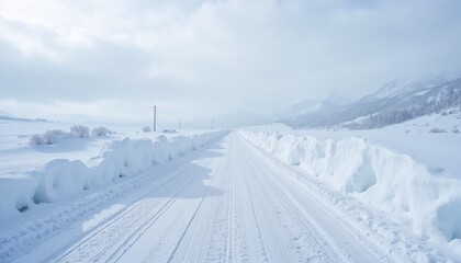 Snowy landscape with high snowdrifts on a winter road under cloudy sky