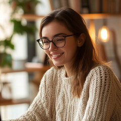 Happy young woman  remote work -home background