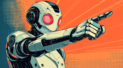 Wall Mural - a robot points with a finger. the illustration shows ai technology recognizing faces and people. it'