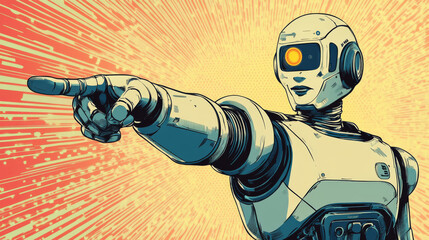 Wall Mural - a robot points with a finger. the illustration shows ai technology recognizing faces and people. it'