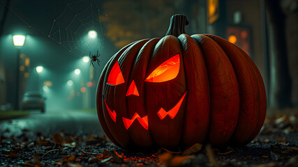 Illuminated pumpkins with different scary faces in darkness at Halloween night. Autumn leaves on the wooden house porch with lights and scary moody background decorations. AI generated