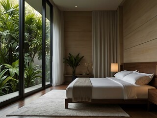 Entering a luxurious hotel suite with a modern minimalist bedroom design and tropical garden views.