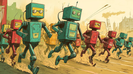 Wall Mural - a bunch of robots, looking like people, are racing in a marathon. they're drawn in a colorful, retro