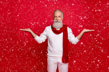 Sticker - Portrait of his he nice attractive confident content gray-haired man holding copy empty blank space on two palms advert sale discount isolated over bright vivid shine red background