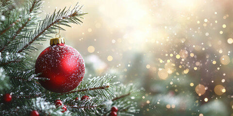Wall Mural - christmas ball ornament hangs gracefully on a snow-dusted evergreen branch, creating a festive and c