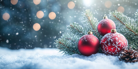 Wall Mural - christmas ball ornament hangs gracefully on a snow-dusted evergreen branch, creating a festive and c