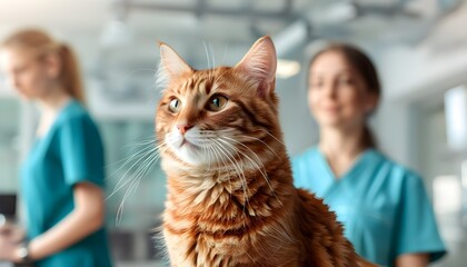 Amusing feline patient at veterinary clinic with blurred medical staff in the background, highlighting pet treatment and care